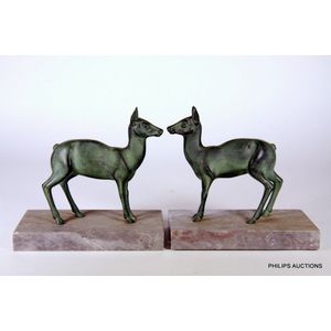 A pair of cold painted spelter Art Deco deer bookends, circa…