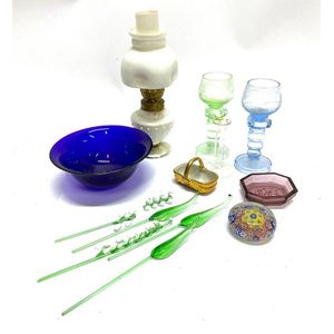 A collection of glass including a milk glass oil lantern, a…