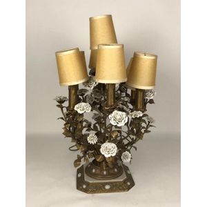 A gilt bronze bedside lamp embellished with porcelain flowers…
