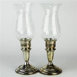 American sterling silver based pair of etched glass hurricane…