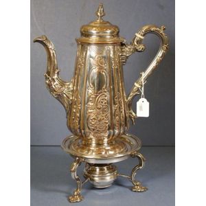 Antique Sheffield plate coffee pot, engraved and embossed…