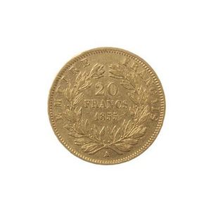An 1855 French 20 Francs gold coin, Napoleon III, uncirculated,…