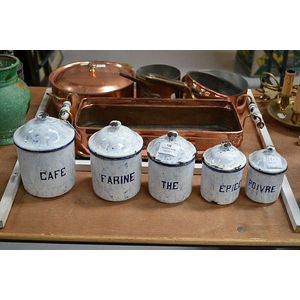 Set of 5 metal vintage French enamel kitchen canisters, circa…