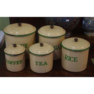 Set of 5 cream & green enamel kitchen canisters
