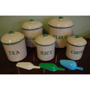 Set of vintage enamel kitchen canisters, five in total, cream…