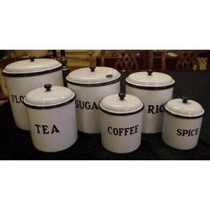 Set of 6 vintage enamel canisters, 24 cm high (tallest) approx.