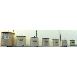 A set of vintage enamel kitchen canisters, 'Bread' to 'Coffee'.…