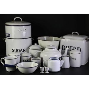 Large collection of vintage enamel kitchen wares including…