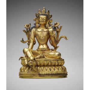 A Chinese gilt bronze figure of a green Tara, Yongle incised&hellip;