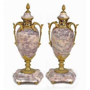 A pair of classical style gilt metal mounted marble cassolettes,…