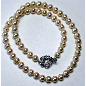 Japanese Akoya Pearl Necklace with Silver Floral Clasp - Necklace/Chain ...