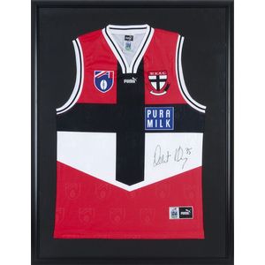 NEWCASTLE KNIGHTS, 2001 Premiers group including signed jersey with 18  signatures, framed & glazed, overall 88x108cm; 'Premiers 2001' display  (105x78cm); 2001 Premiers aluminium stubbie holder; plus 2003 Select  trading cards, framed (57x33cm). (4 items