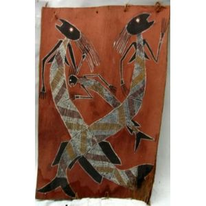 An Aboriginal bark painting, 'Three Mimi spirit figures',…