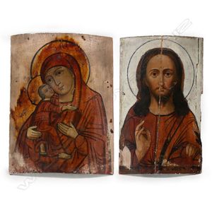 Two old Russian icons, painted on wood, Mary and the baby and…
