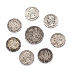 Seven US silver quarter dollar coins and half dollar, 1898, 2 X…