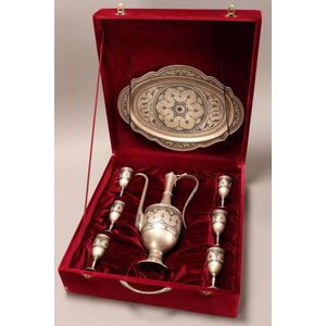 Russian silver niello eight piece liqueur service, marked 875,…