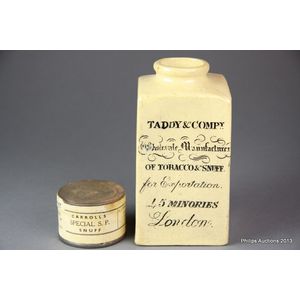 A Victorian stoneware snuff jar and a tin of snuff, the jar of…