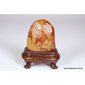 A Chinese carved soapstone mountain, utilising the natural…