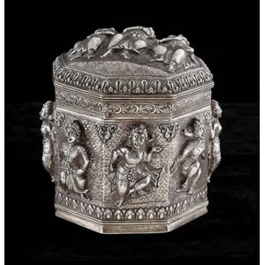 Large Burmese silver octagonal betel box, with high relief…