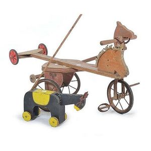 Childs tricycle, one pedal missing and three wooden pull along…
