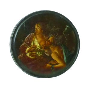 A Georgian circular papier mache table snuff box, the lid…