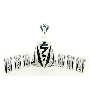 A seven piece Art Deco black enamel and cut glass liqueur set,…