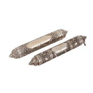 Two repousse and engraved silver torah scroll holders, Middle…