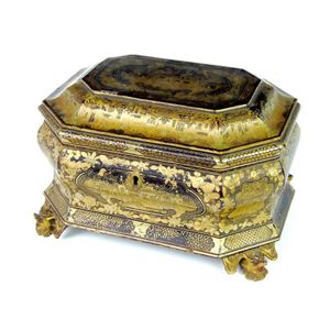 A black and gilt lacquer export ware tea caddy, Chinese, Qing…