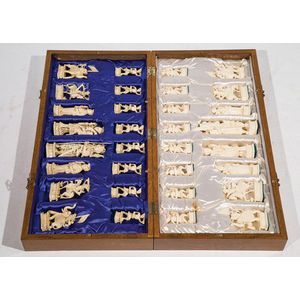 Boxed Chinese carved ivory chess set the large pieces carved as…