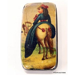 A papier mache snuff box with painted lid, 19th century, the…