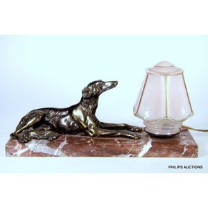 An Art Deco spelter Borzoi table lamp, circa 1930s, the…