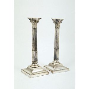 Pair Sheffield plate Corinthian column candlesticks with beaded…