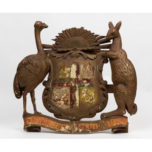 A rare hand carved 'Advance New South Wales' coat of arms, 19th…