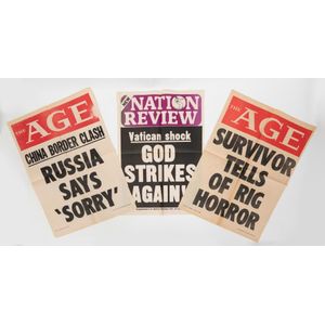 A large collection of vintage newspaper stand posters, mostly…