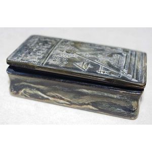 Antique horn snuff box intricately carved with Masonic motifs