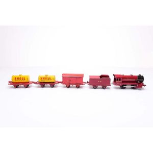 A Robilt clockwork train set consisting of a VR 0-4-0 red…