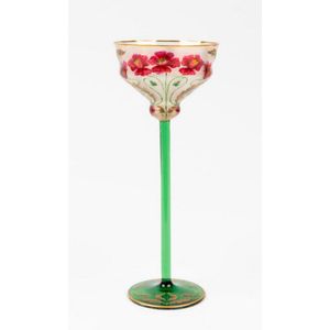 An Art Nouveau opalescent stemmed goblet the bowl decorated…