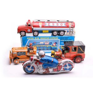 Five Japanese tinplate vehicles, including an Asakusa Toys Esso…