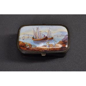 19th century enamel patch box. Lid decorated with boats in…