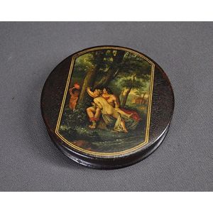 19th century papier mache patch box. Circular, with painted…
