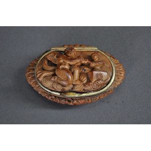 Early carved boxwood and gold? patch box. Relief carving of…