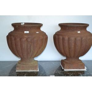 Pair of antique French iron garden urns, approx 44 cm high, 37…