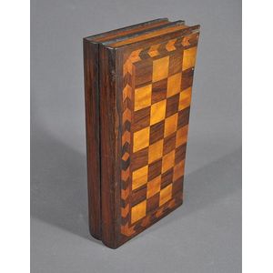 Cedar book form games box. Inlaid chessboard marquetry to lid.…