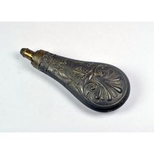 Oriental powder flask, 19th century, chased brass, lengt…