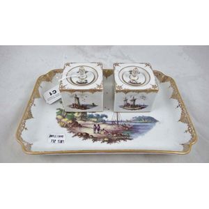 Antique continental porcelain two 'bottle' inkstand, crowned D…