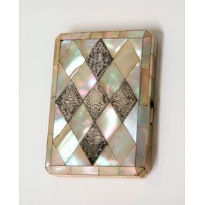 A Victorian mother-of-pearl and silver card case, diamond form…