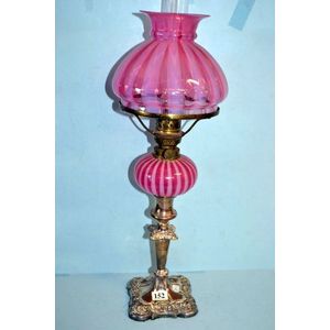 Oil lamp, silver plated column with pink striped font & shade