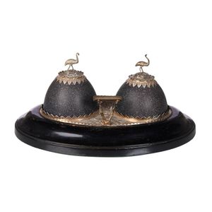 A Colonial silver and emu egg inkstand, the oval ebonised base…