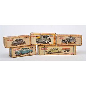 Five Norev (France) plastic models, including Renault 4 CV;…