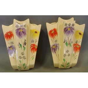 Pair of 1950s Arthur wood wall vases with hand painted floral&hellip;